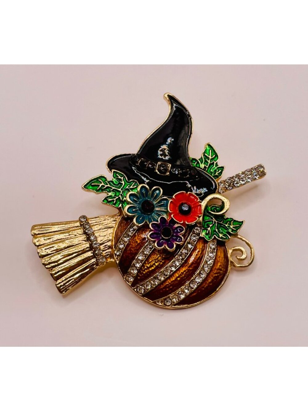 Halloween Witch Hat Pumpkin Brooch Pin Rhinestones & Enamel Floral Accents -2B